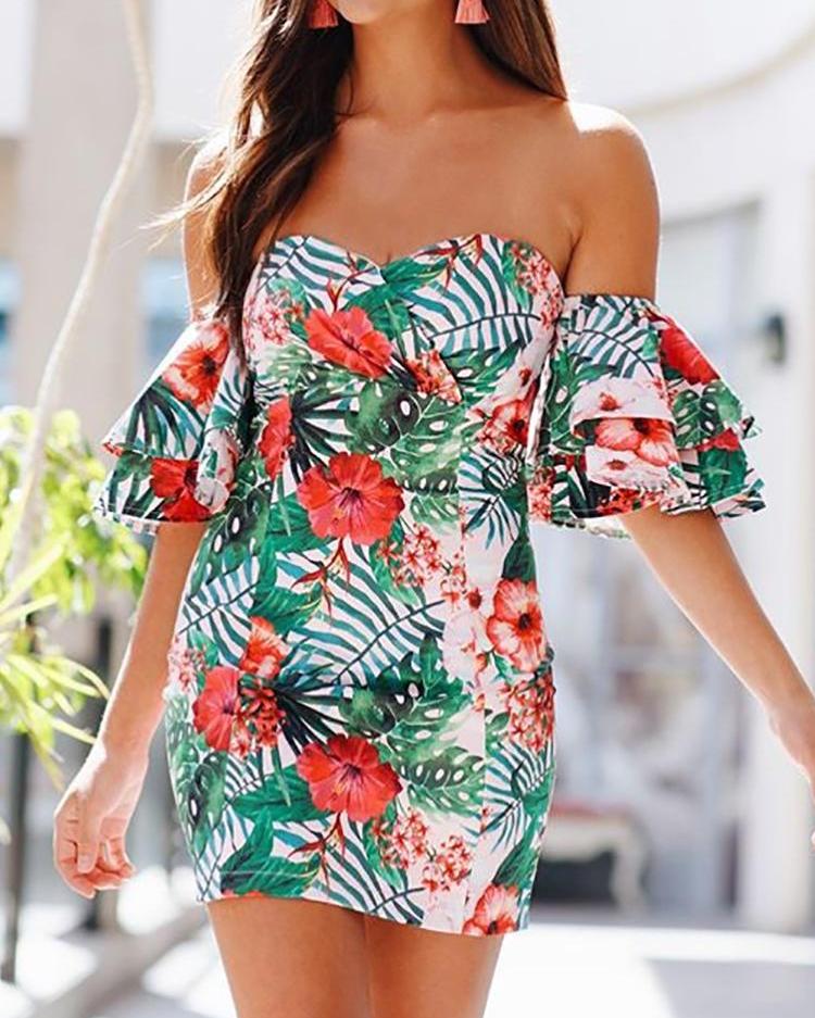 

Tropical Print Layered Sleeve Sheath Bardot Dress, Multicolor