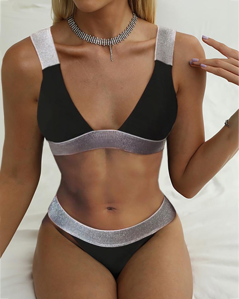 

Colorblock Thick Strap Bikini Set, Black