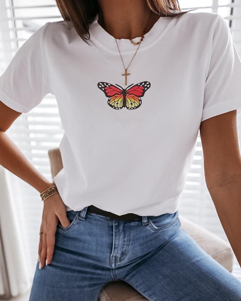 

Butterfly Print Short Sleeve Casual T-shirt, White