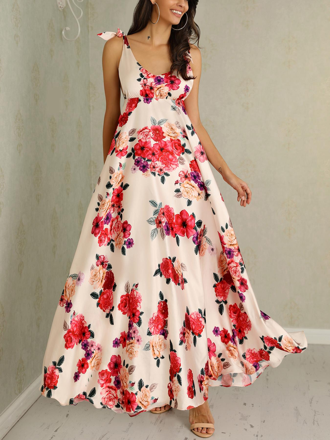

Floral Print Tied Shoulder Backless Maxi Dress