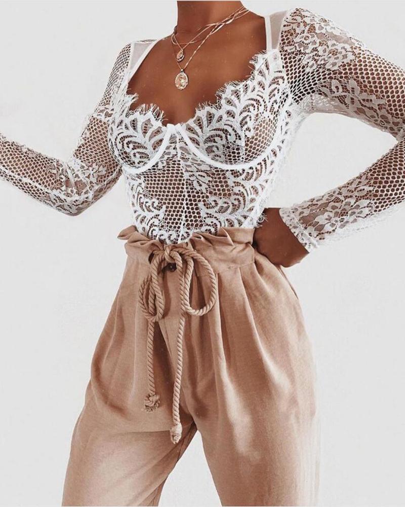 

Long Sleeve Eyelash Lace Teddy Lingerie, White