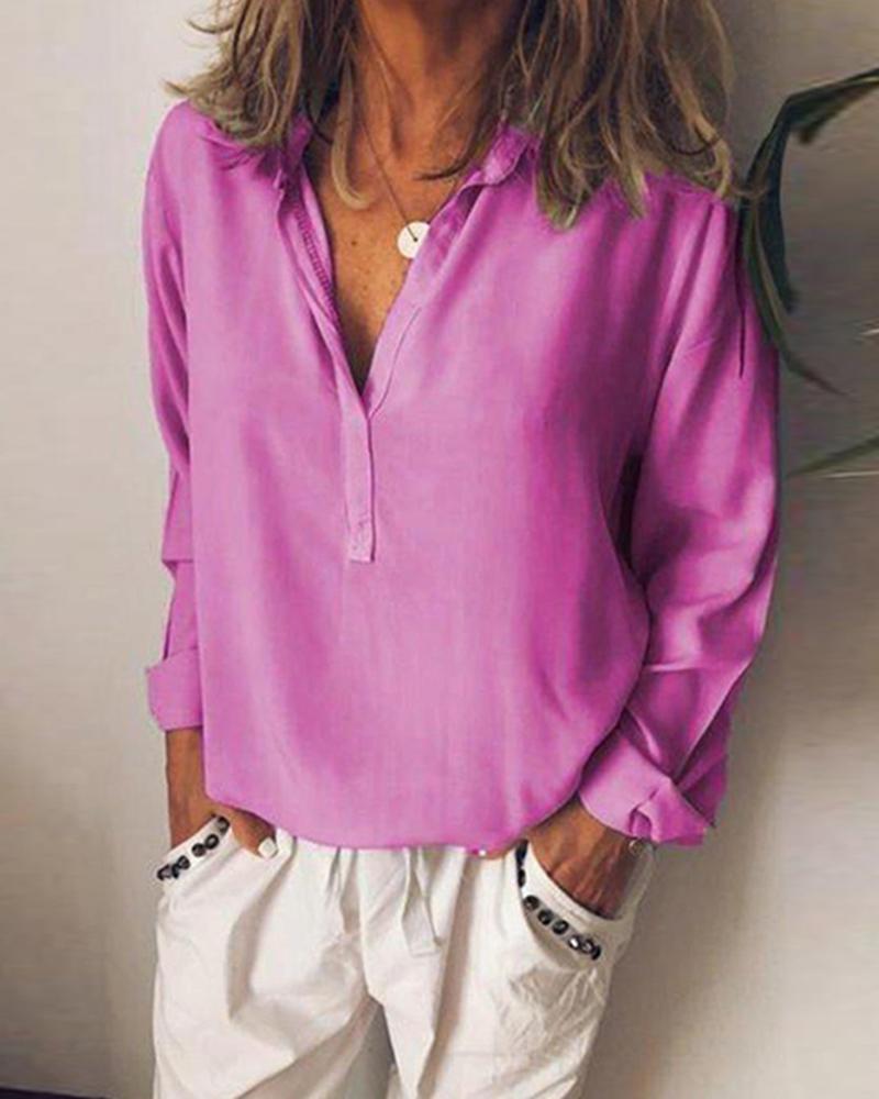 

Solid V Neck Loose Blouse, Purple