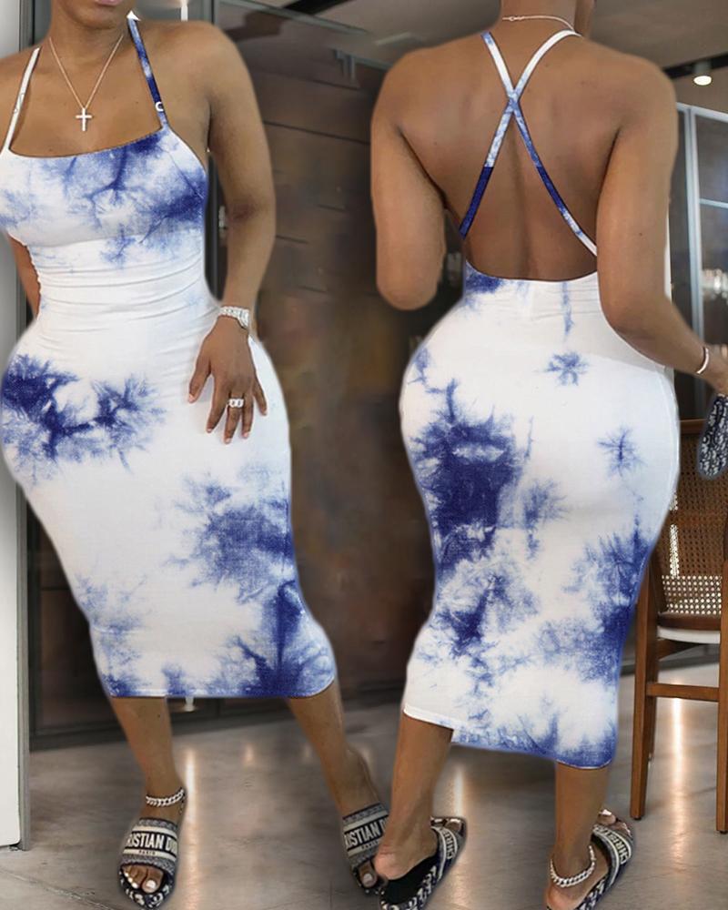 

Tie Dye Print Crisscross Backless Midi Dress, Blue