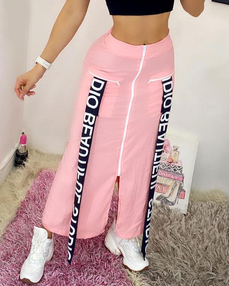 

Letter Tape Zipper Design Maxi Skirt, Pink