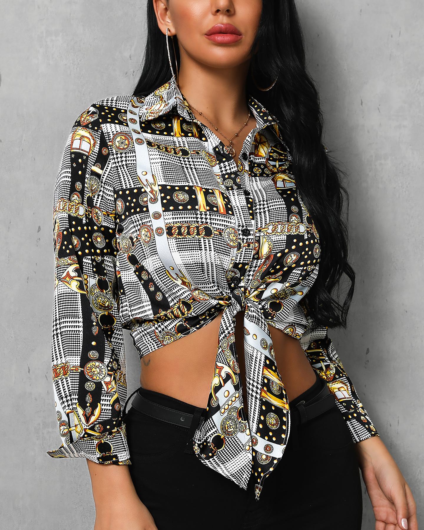 

Knot Front Chain Print Casual Blouse, Multicolor