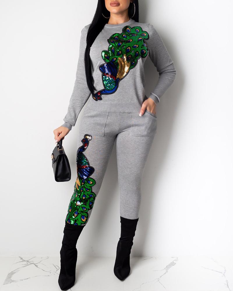 

Sequins Peacock Pattern Top & Pant Sets, Gray