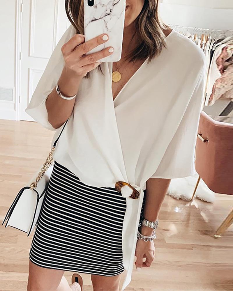 

Cross V-neck Mid-sleeve Chiffon Shirt, White