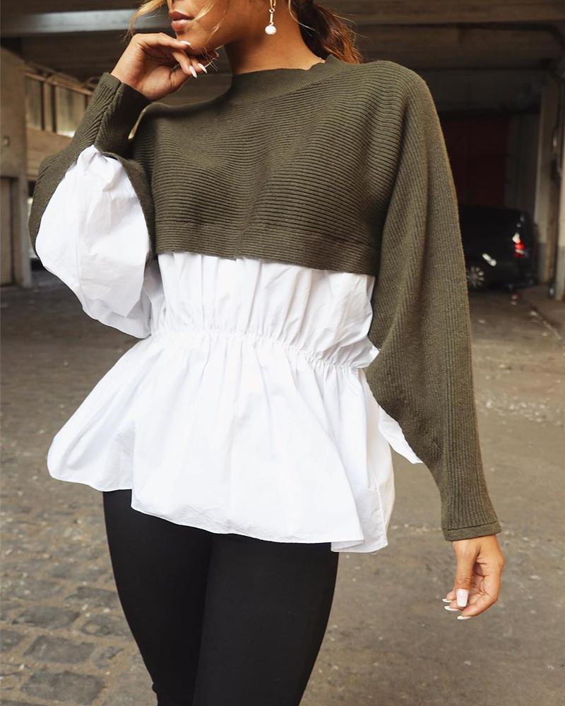 

Colorblock Insert Ruffles Ribbed Batwing Sleeve Blouse