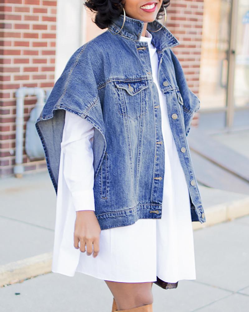 

Turn-down Collar Buttoned Side Slit Denim Coat, Blue