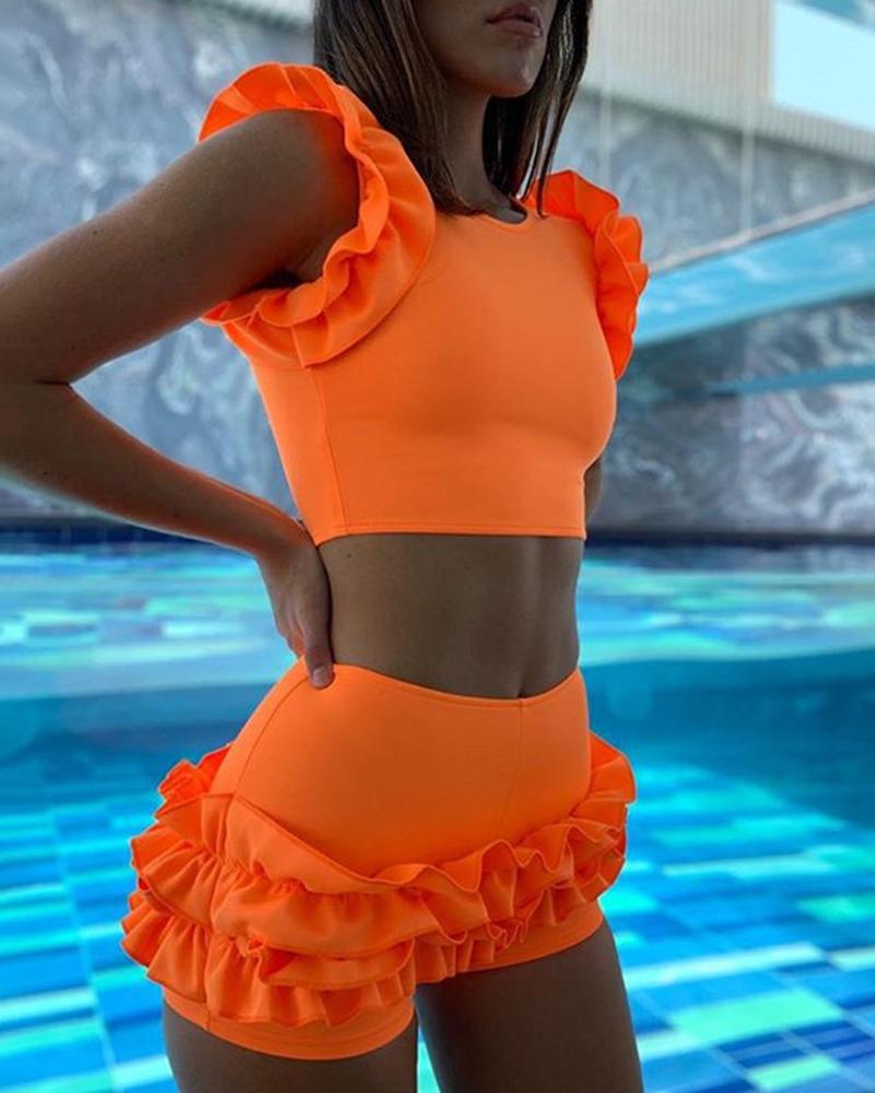 

Solid Frill Hem Swimsuit, Orange