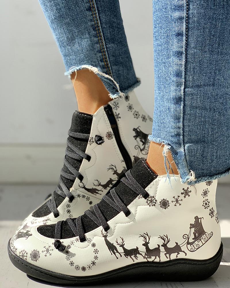 

Cartoon Print Patchwork Lace-Up Casual Boots, Black