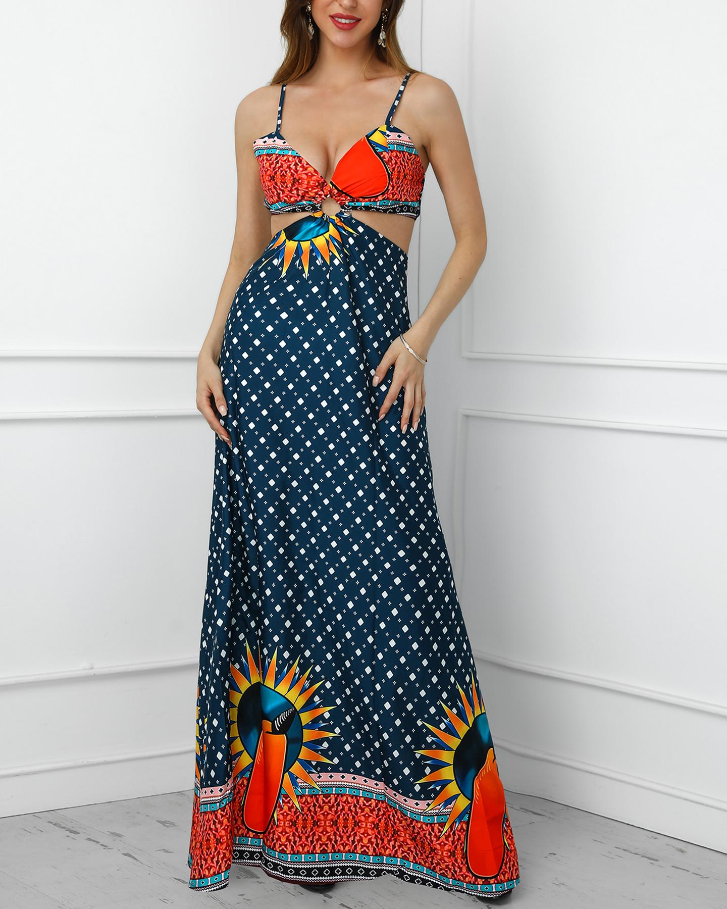 

Halter Mixed Print Cutout Maxi Dress, Dark green
