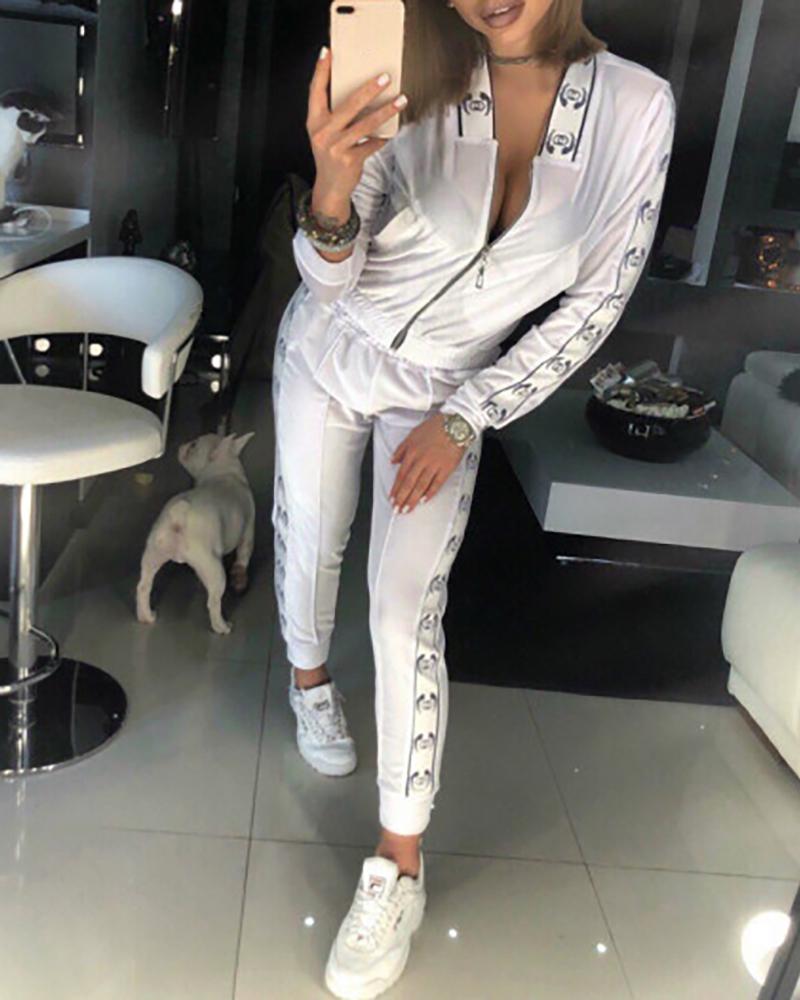 

Print Colorblock Tape Insert Zipper Jacket & Pants Sets, White