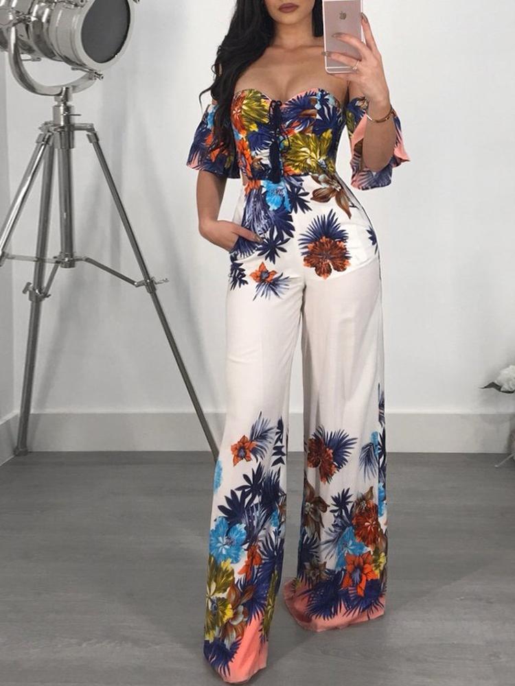 

Floral Sweetheart Cutout Waist Wide Leg Jumpsuit, White