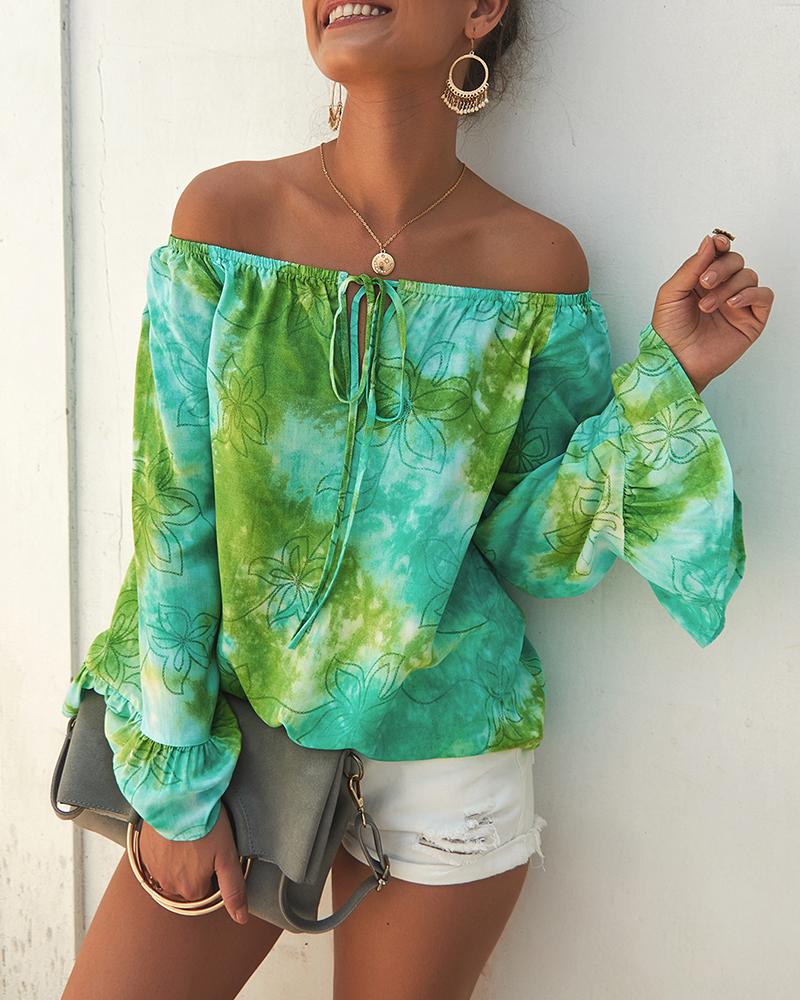 

Off Shoulder Bell Sleeve Tie Dye Print Blouse, Green