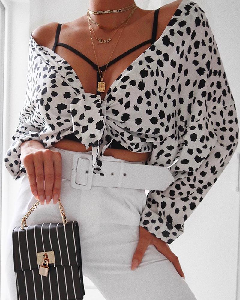 

Long Sleeve Print Knotted Casual Blouse, White