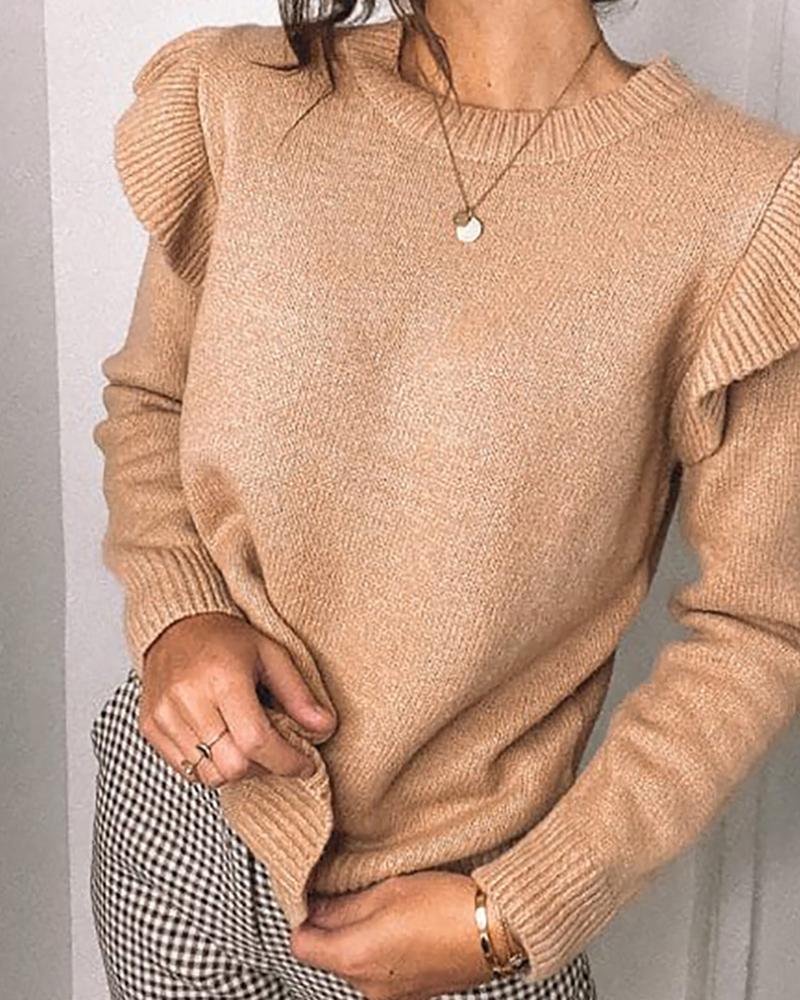 

Plain Flutter Sleeve Sweater, Khaki