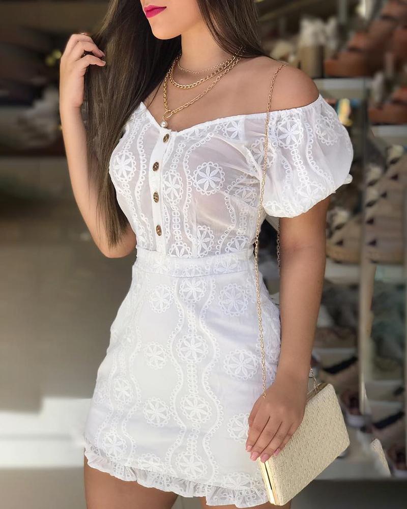 

Off Shoulder Lantern Sleeve Lace Dress, White