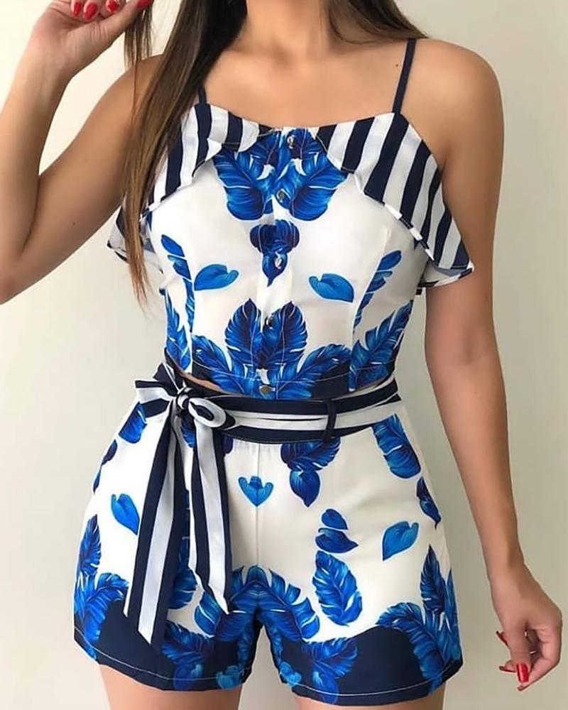 

Leaf Print Striped Spaghetti Strap Romper, Blue