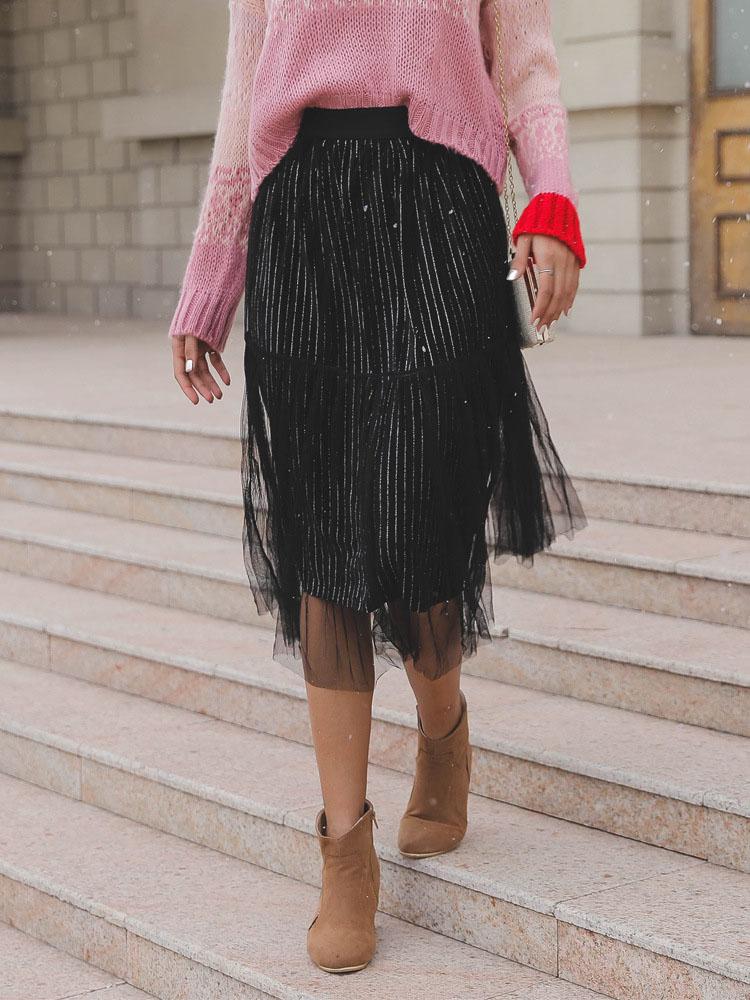 

Mesh Splicing Layered Pleated Skirt