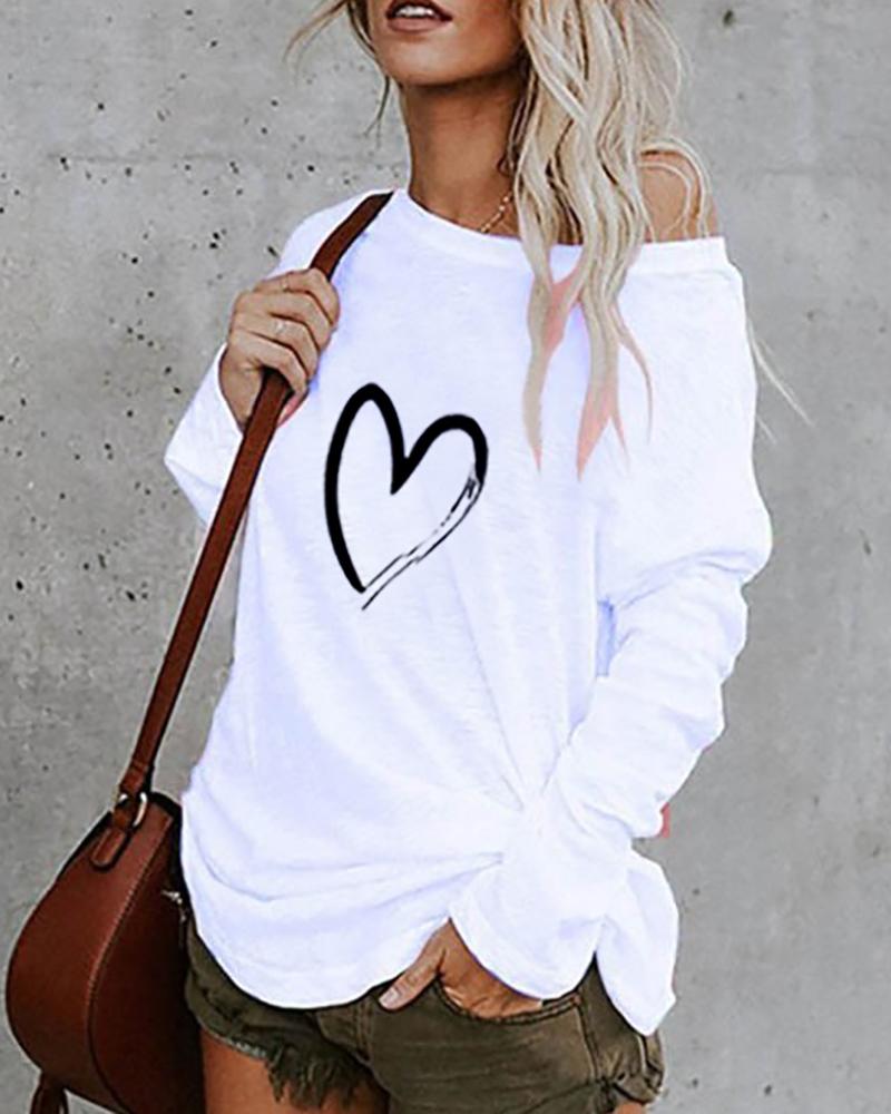 

Round Neck Heart Print Long Sleeve Casual T-Shirt, White