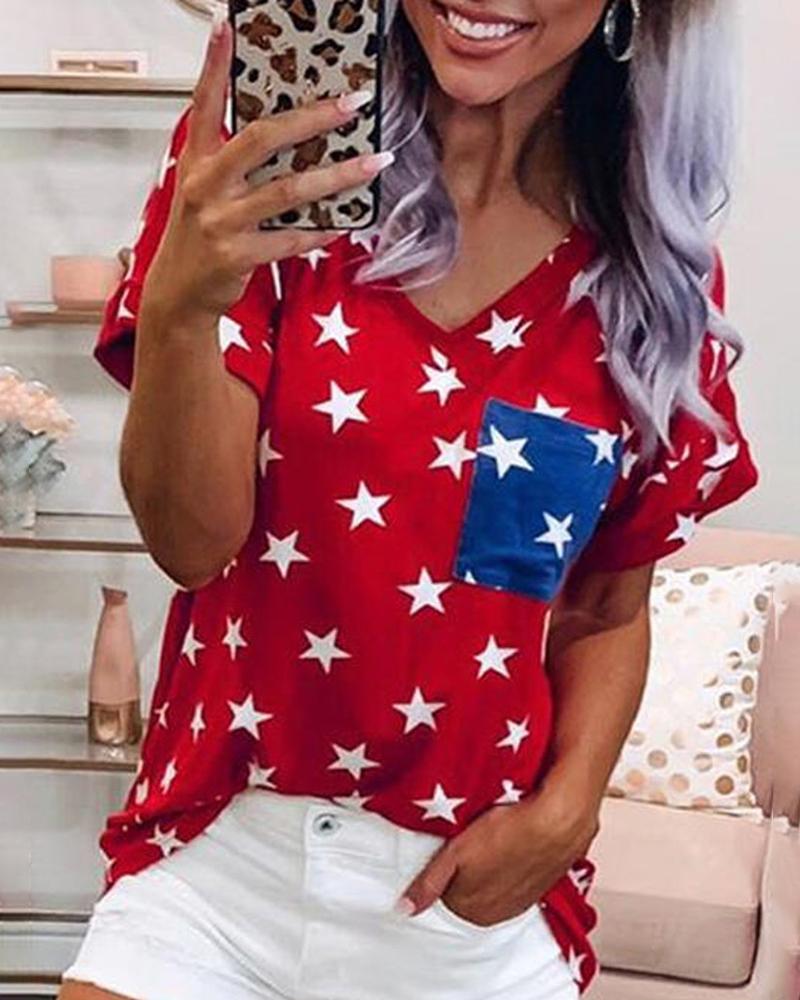 

Stars Print Short Sleeve Pocket Casual T-shirt, Red