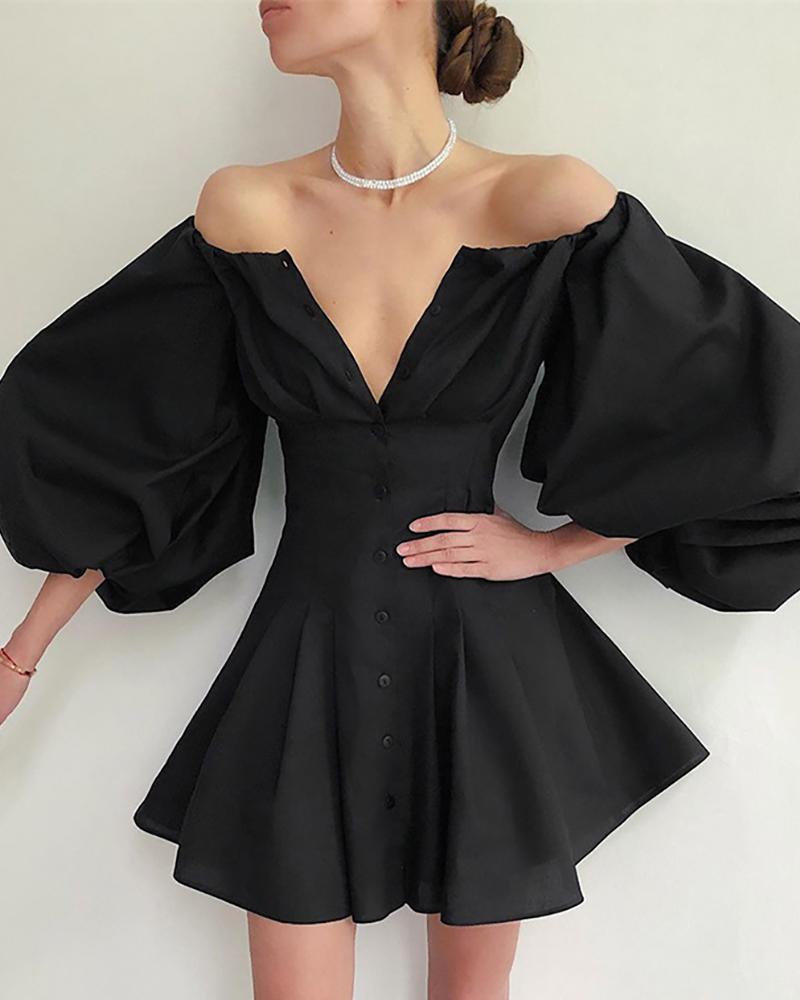 

Plain Off Shoulder Button Front Puff Sleeve Ruched Dress, Black