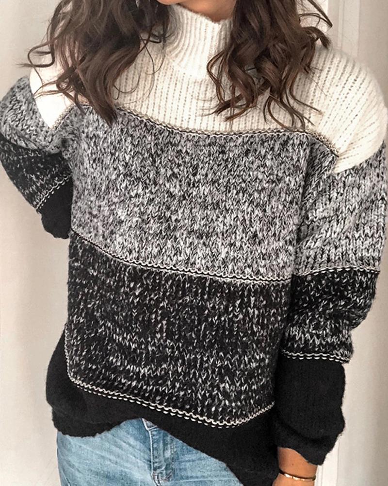 

Colorblock Striped High Neck Sweater, Black