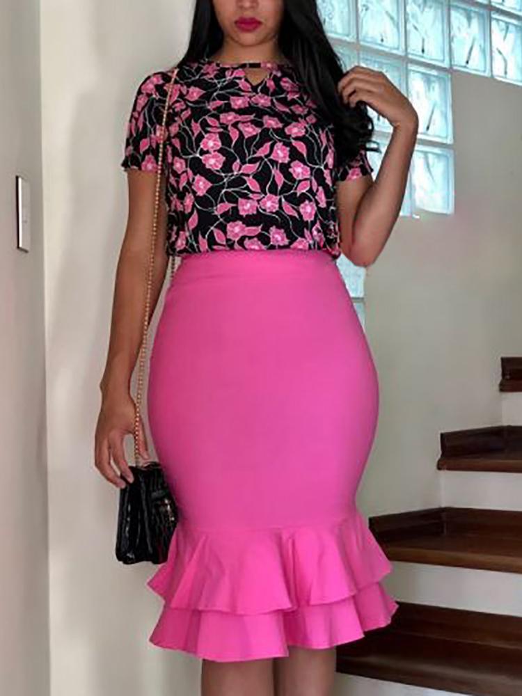 

Floral Print Top With Ruffles Hem Skirt Sets, Hot pink