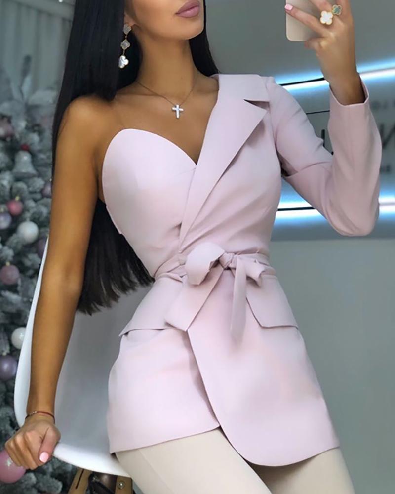 

Solid One Shoulder Tied Blazer Coat, Pink