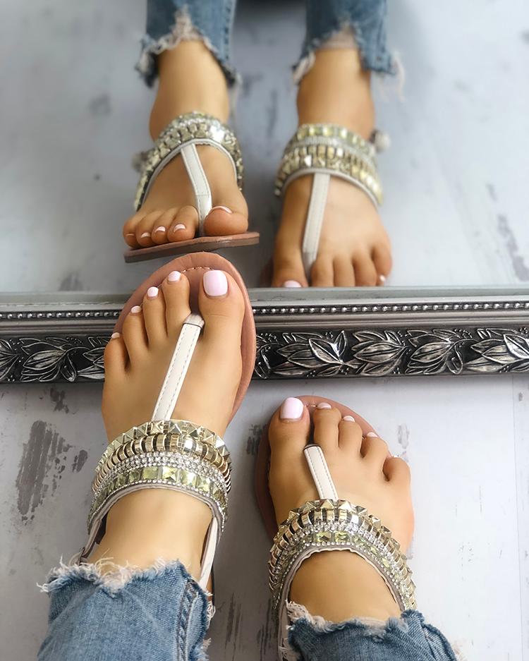 

Rivet Beading Embellished Toe Post Flat Sandals, Apricot