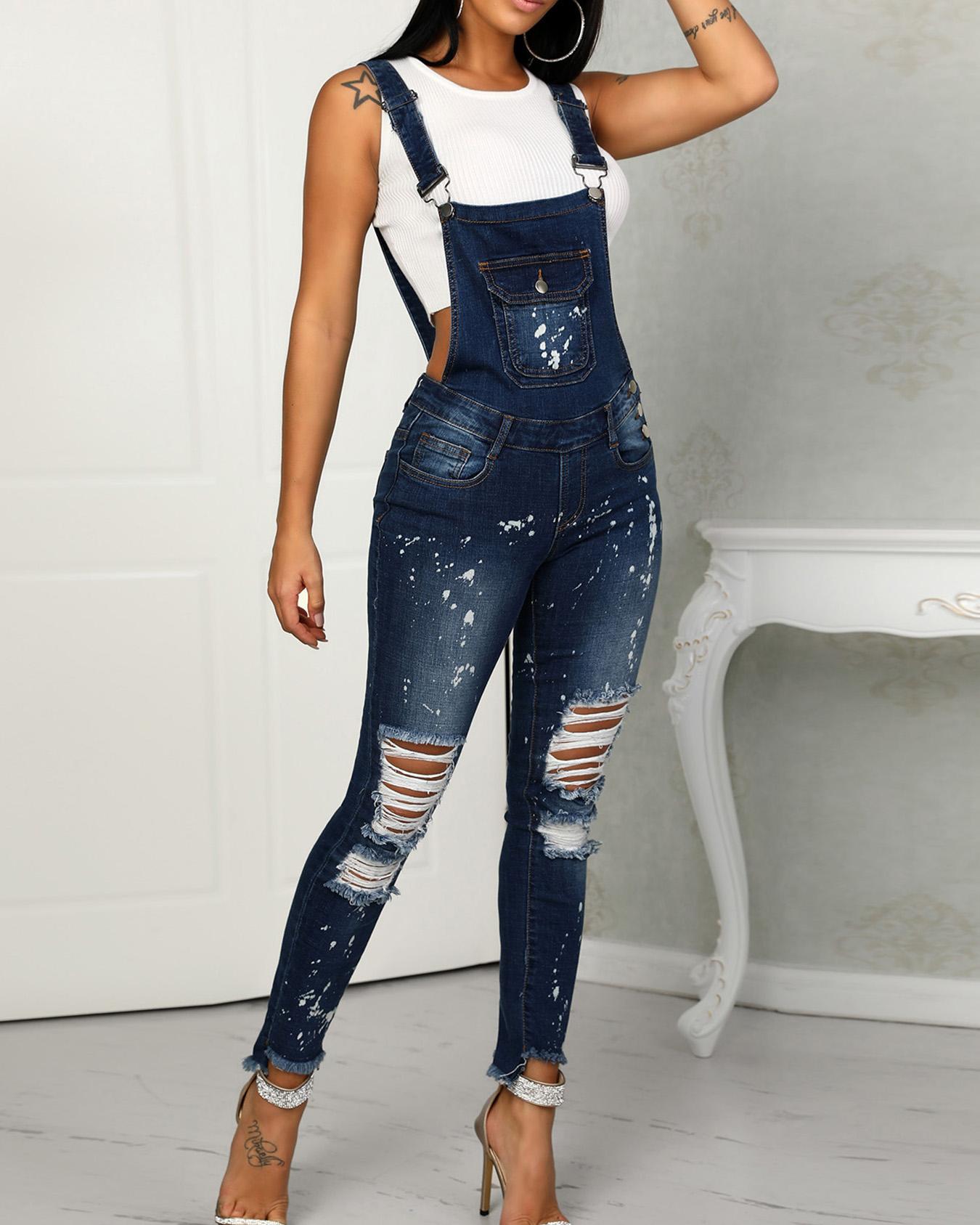 

Denim Distressed Holey Pocket Suspenders Jumpsuit, Blue