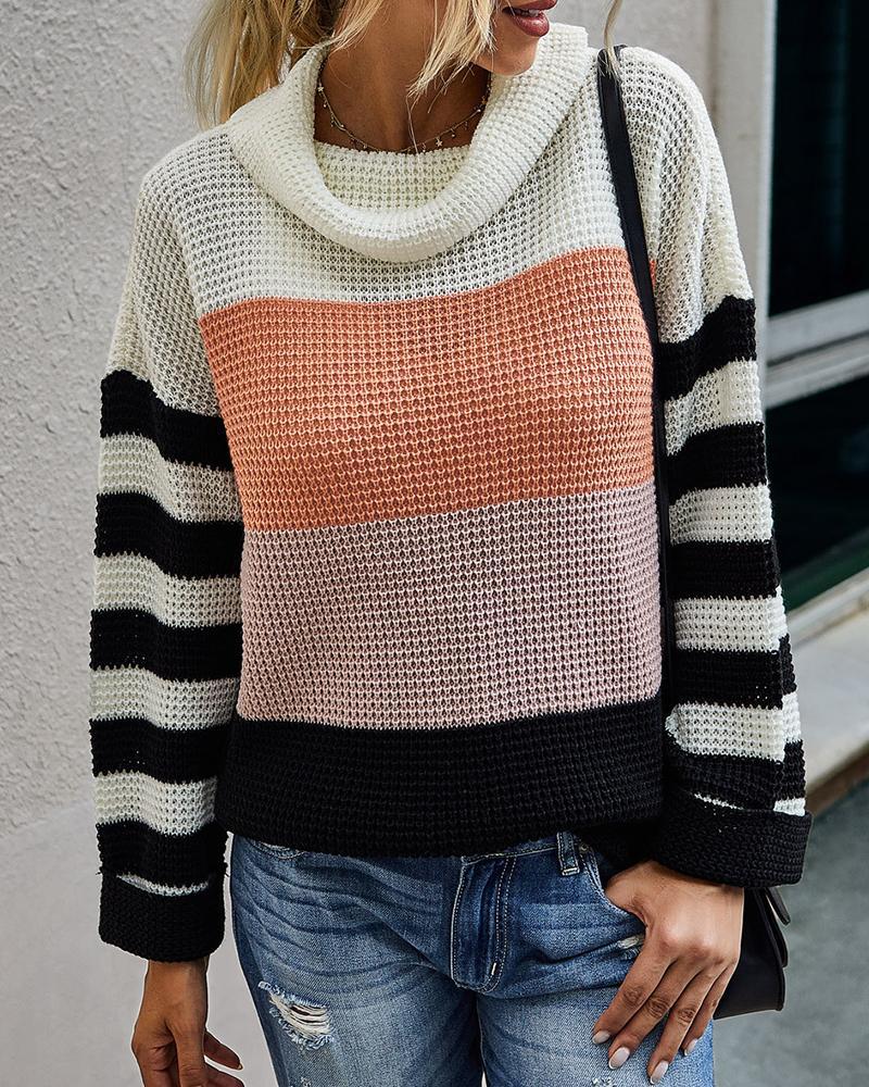 

Striped Clolrblock Knit Casual Sweater, Black