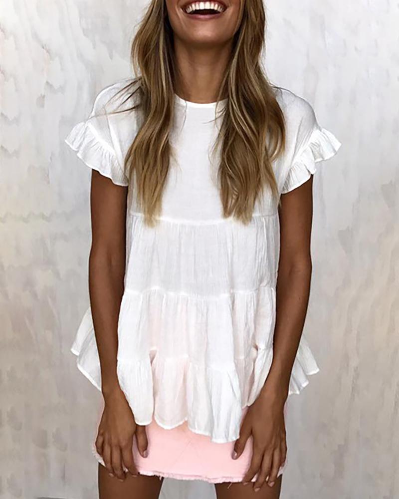 

Round Neck Ruffles Short Sleeve Blouse, White