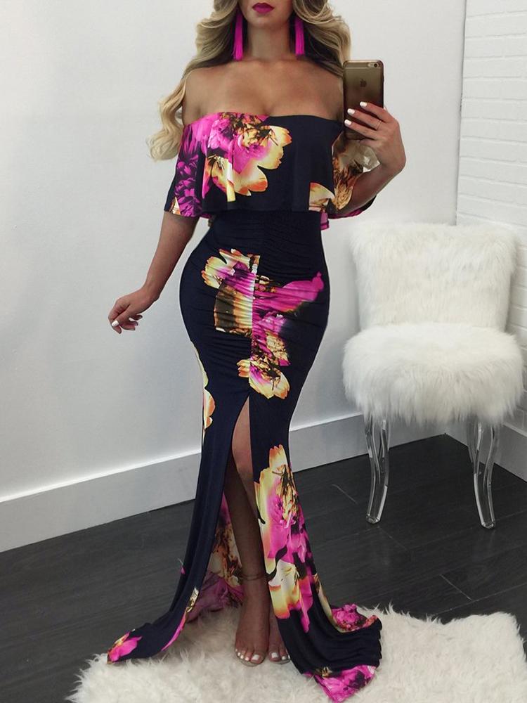 

Off Shoulder Ruffled Split Floral Maxi Mermaid Dress, Black