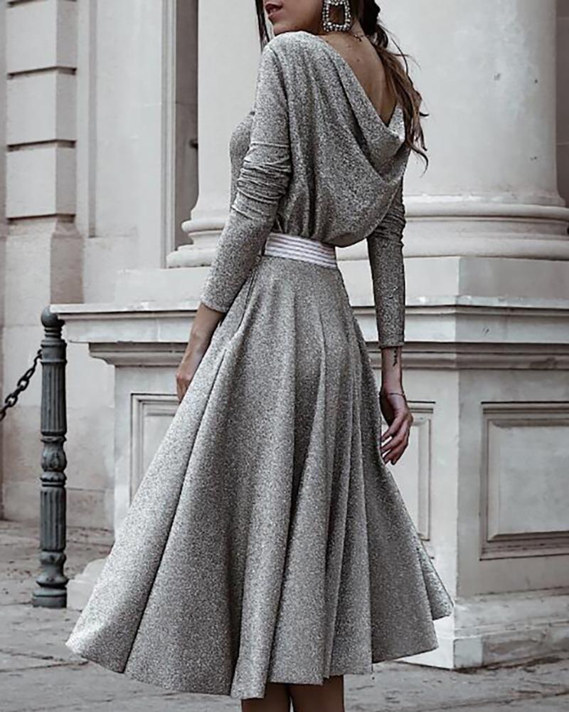 

Cowl Neck Long Sleeve Ruffles Striped Casual Dress