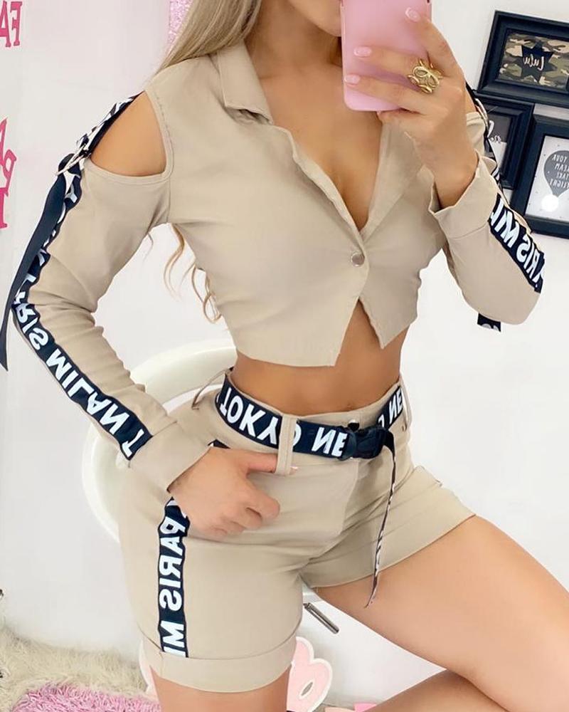 

Cold Shoulder Letter Tape Crop Top & High Waist Shorts Set, Khaki