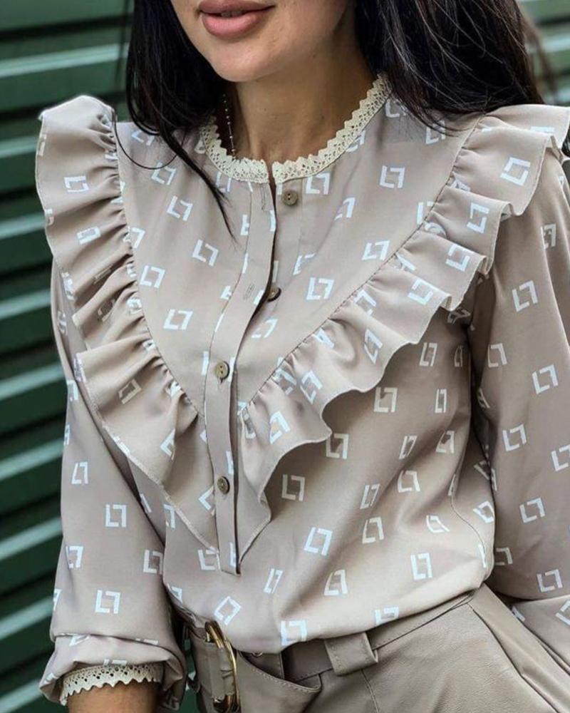 

Button-Down Long Sleeve Ruffle Top, Champagne