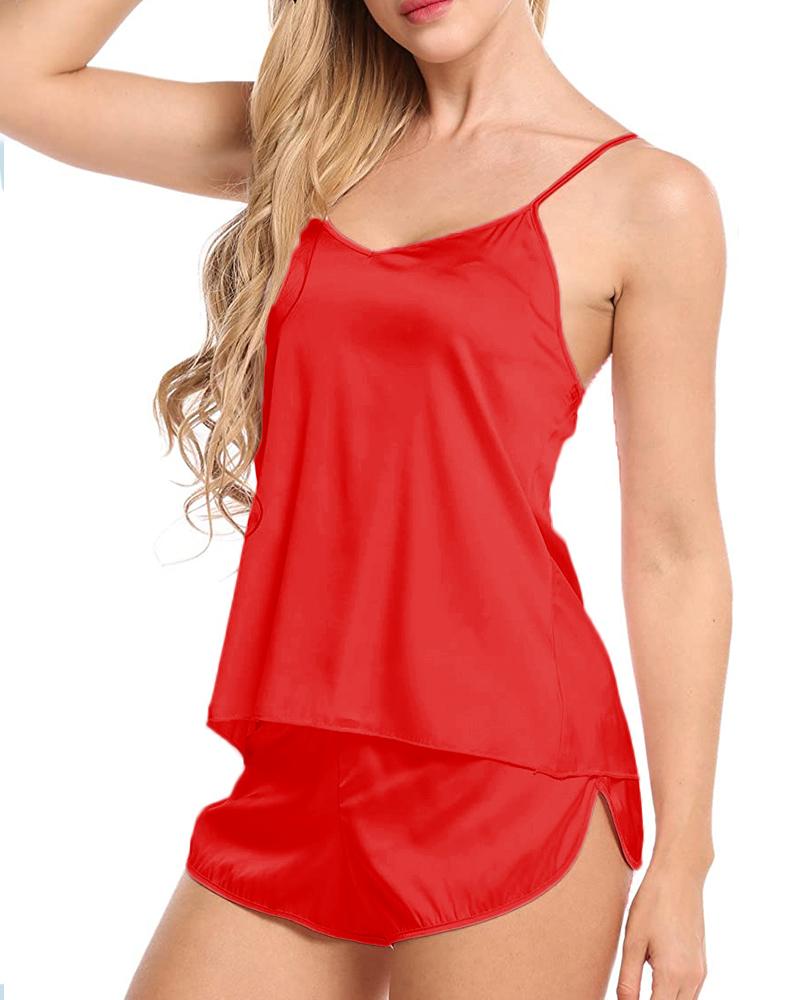 

Solid V-neck Cami Set, Red