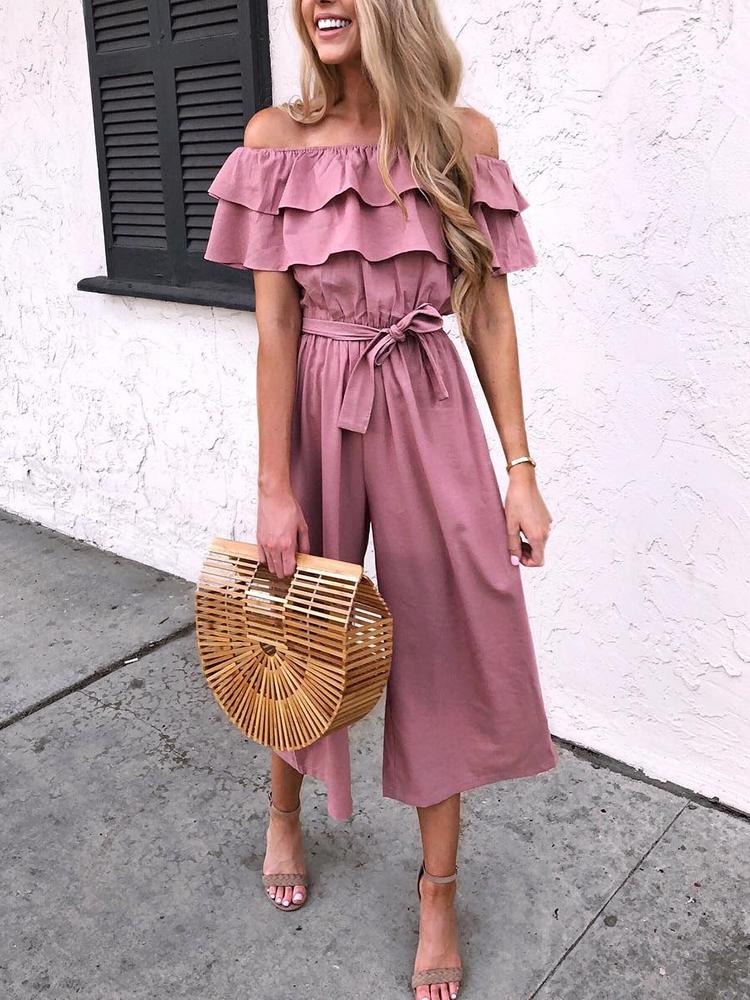 

Off Shoulder Layered Ruffles Self Belted Jumpsuits