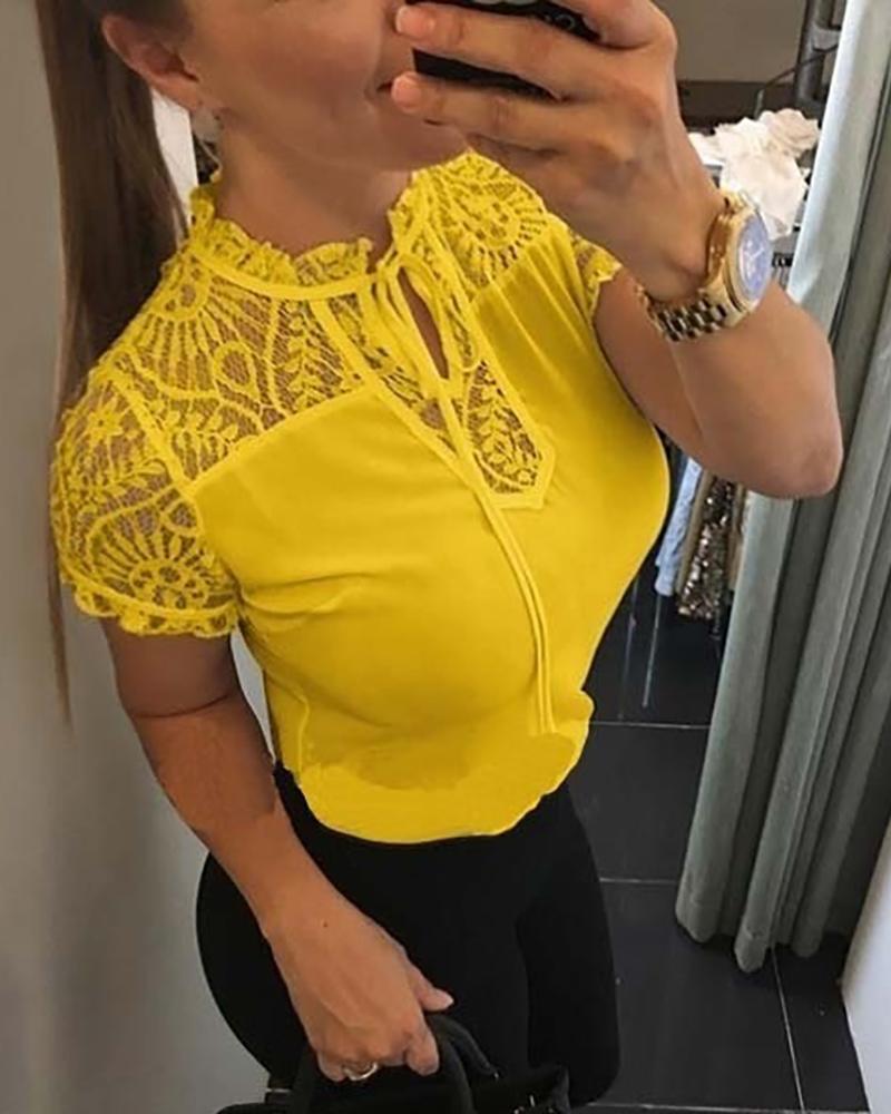 

Short Sleeve Lace Insert Casual Blouse, Yellow