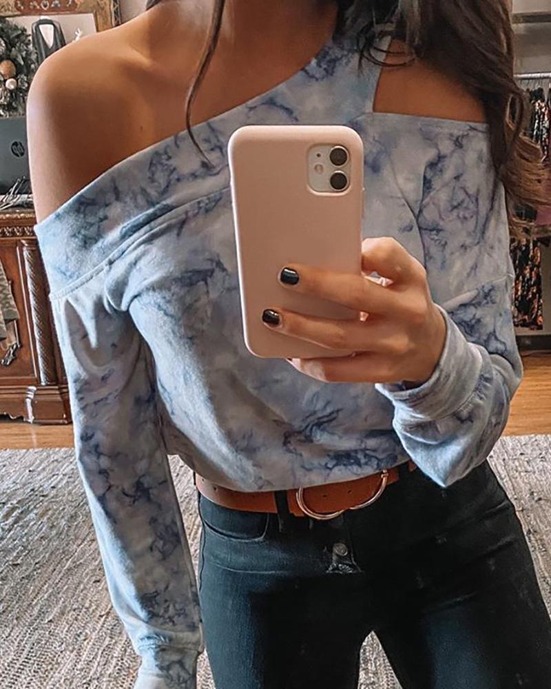 

One Shoulder Tie Dye Print Sweatshirt, Blue