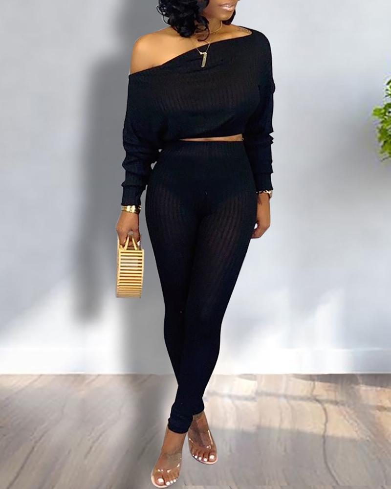 

Skew Neck Ribbed Crop Top & Pants Sets, Black