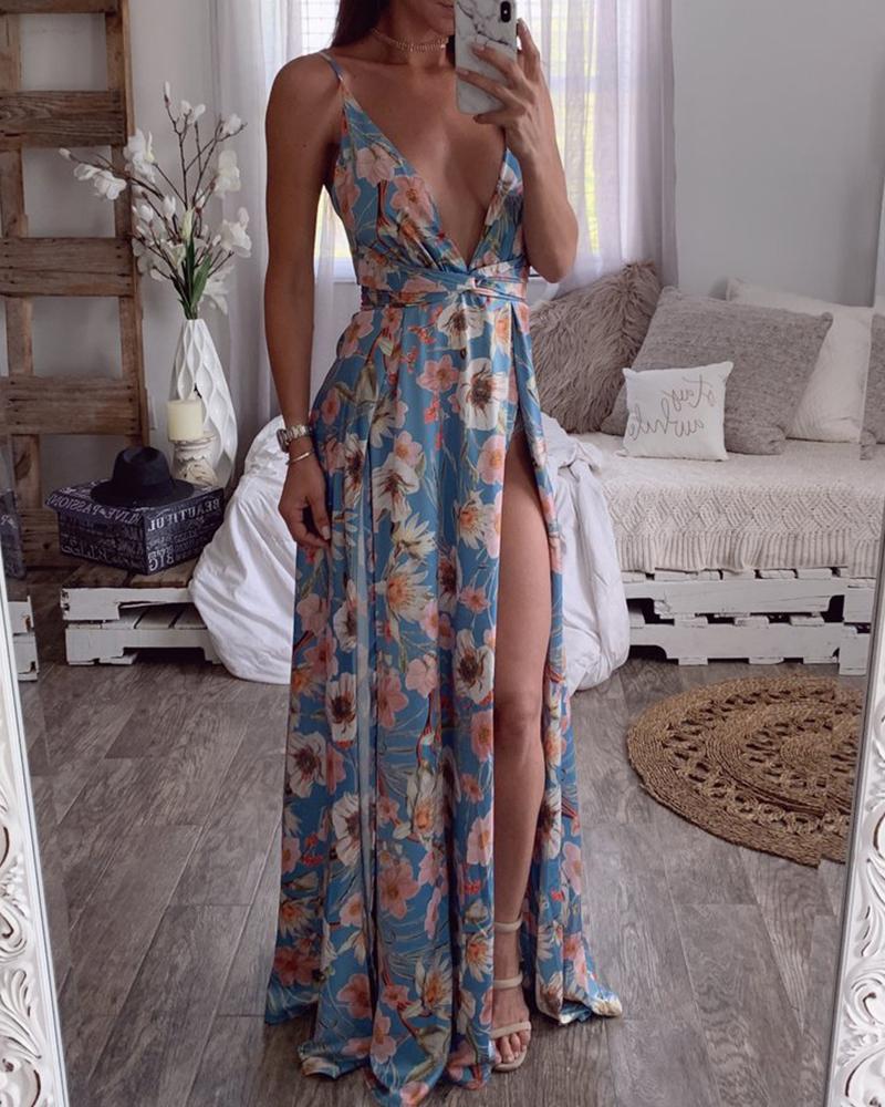 

Spaghetti Strap Floral Print Slit Maxi Dress, Blue