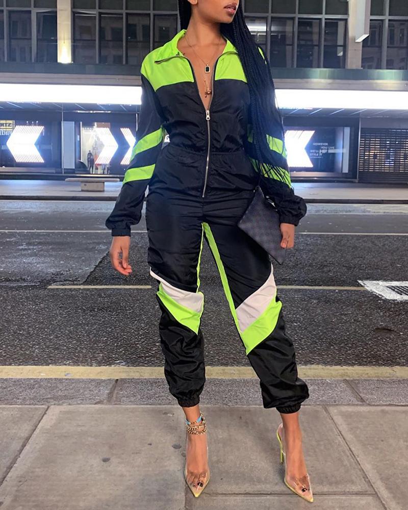 

Colorblock Zipper Striped Jumpsuit, Black