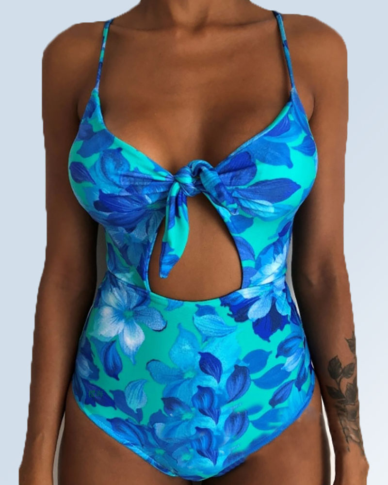 

Print Tied Lace-Up Back One Piece Swimsuit, Blue