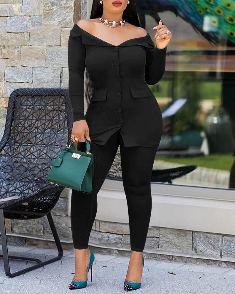 

Off Shoulder Long Sleeve Buttoned Top & Pants Sets, Black