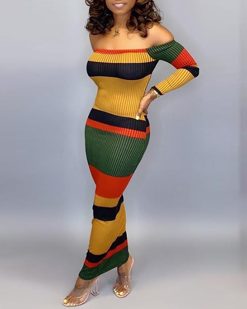 

Off Shoulder Colorblock Striped Ribbed Bodycon Dress, Yellow