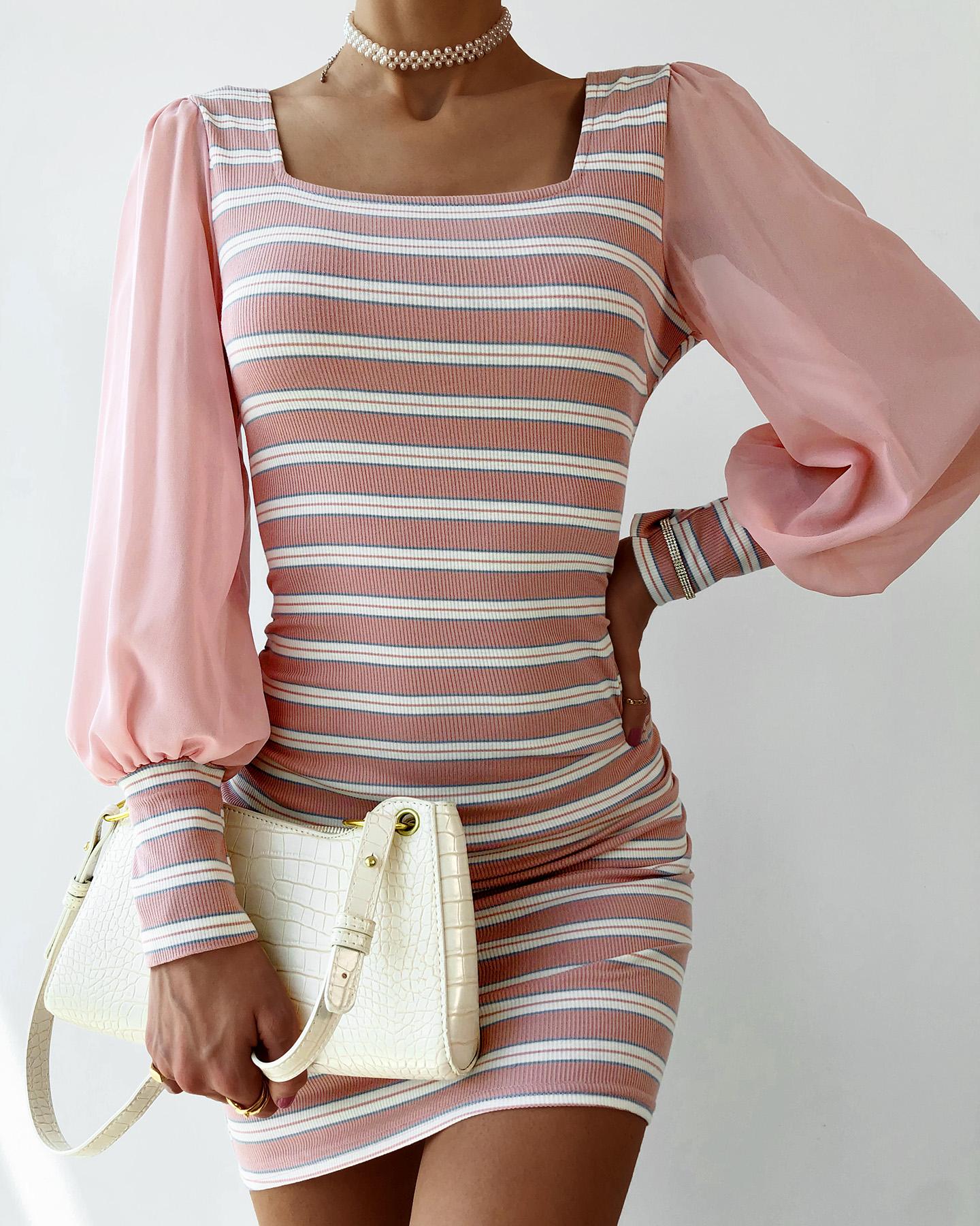 

Striped Colorblock Lantern Sleeve Bodycon Dress, Pink