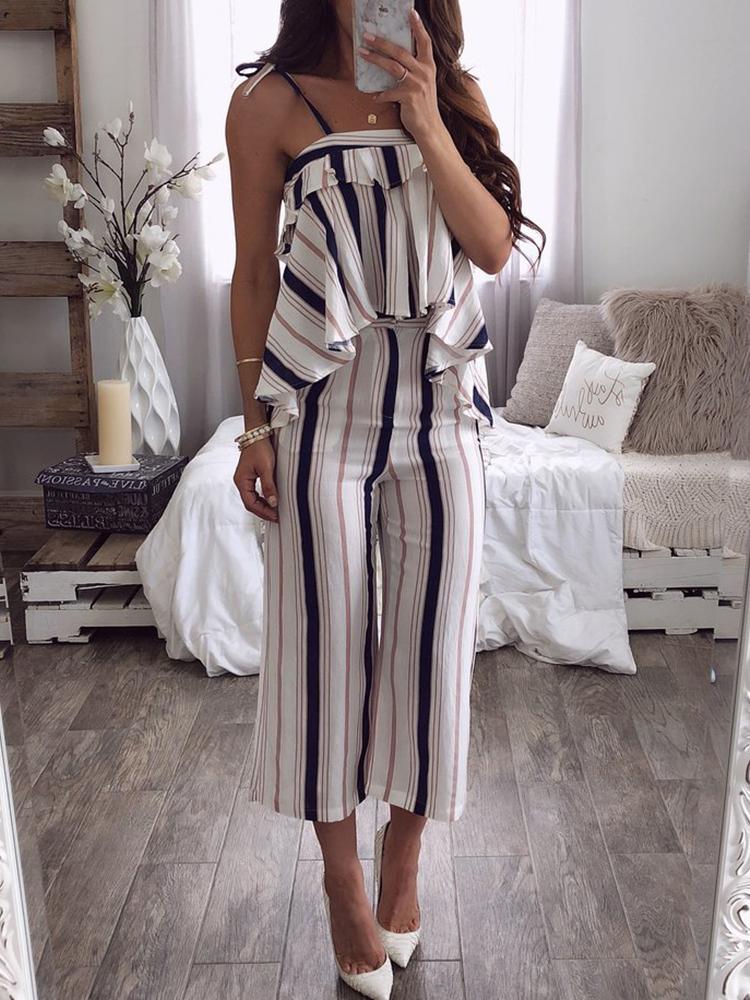 

Striped Ruffles Tie Strap Top & Pants Sets